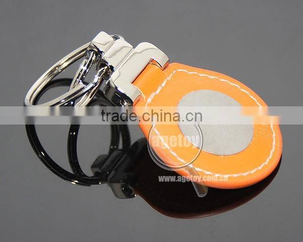 Oval Shaped Orange Leather Double Alloy Keyring Stainless Steel Sticker Metal Leather Key Fobs