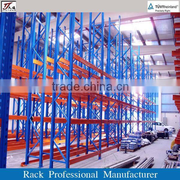 Very narrow aisle pallet shelf with forklift storage way