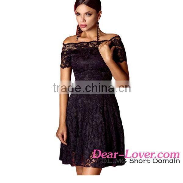 Retro Black Short Sleeve Keyhole Flare casual vintage clothing dress