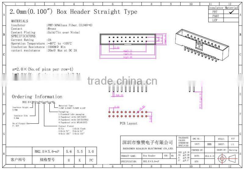 Gold Plated 20 pin connector, 2.0mm DIP Box Header