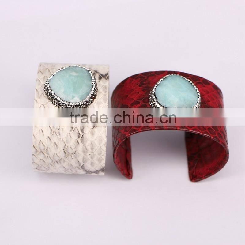 Natural Shell Amazon Agate Bangle Pave Crystal Genuine Leather 40mm Big Bangle Cuff Multi Color Snakeskin Fashion Jewelry