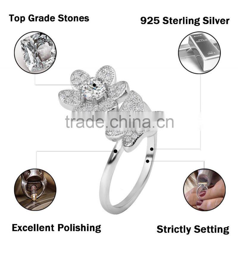wholesale 925 stering silver jewelry sunflower butterfly zircon design pave setting ring