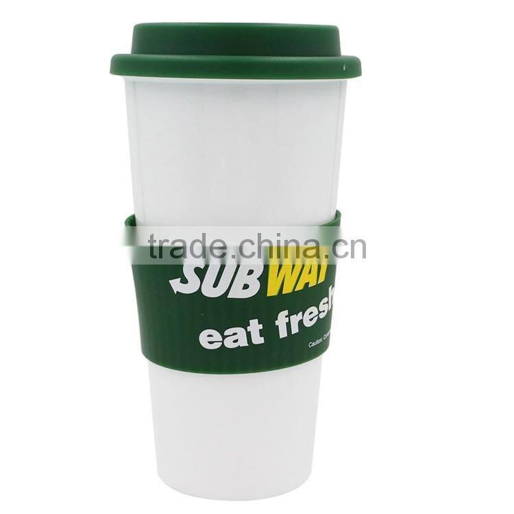 480ml White Plastic Cup With Green Cap And Green Silicone Rim, Wholesale Plastic Disposable Coffee Cups with Lid