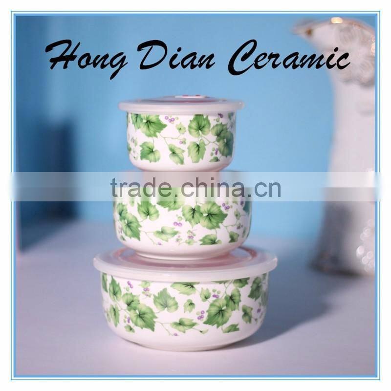 3pcs Set Salad Bowl with Lid, 3pcs ceramic bowl set with plastic lid