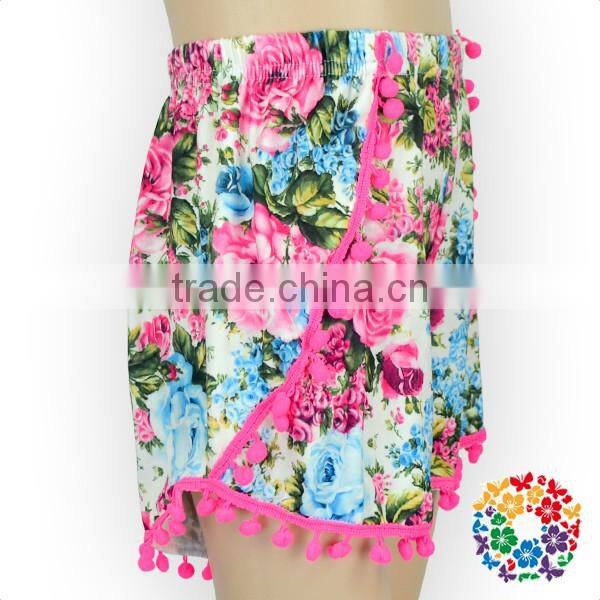 2016 New Arrival Cute Black White strip Flowers Fabric with hot pink Pom Pom Pom Shorts For Girls