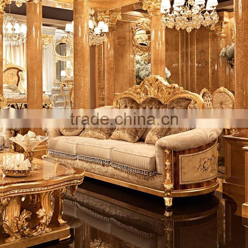Luxury Fancy customized European Louis XV Magnificent Exquisit Wood Carved golden living room furniture Sofa chair Set