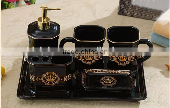 Royal Elegant European Style Golden Ceramic Bathroom Accessory Set in 6 Pcs, Classic Bathroom Set Cup, Dispenser BF12-03254c