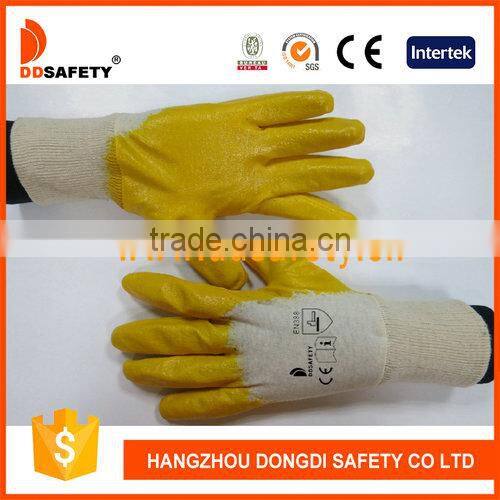 DDSAFETY Oil Proof Cotton Jersey Liner Fully Dipped Yellow Nitrile Coated Gloves With Safety Cuff