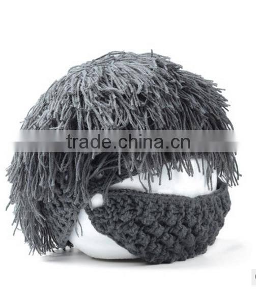 Men Barbarian Knit Crochet Hat Mad Scientist Wig Mustache Cap Beard Hat