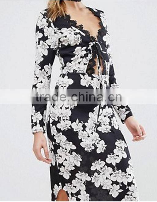 Spring New Women Black Floral Print Chiffon Dress Long Sleeved Long Maxi Dress