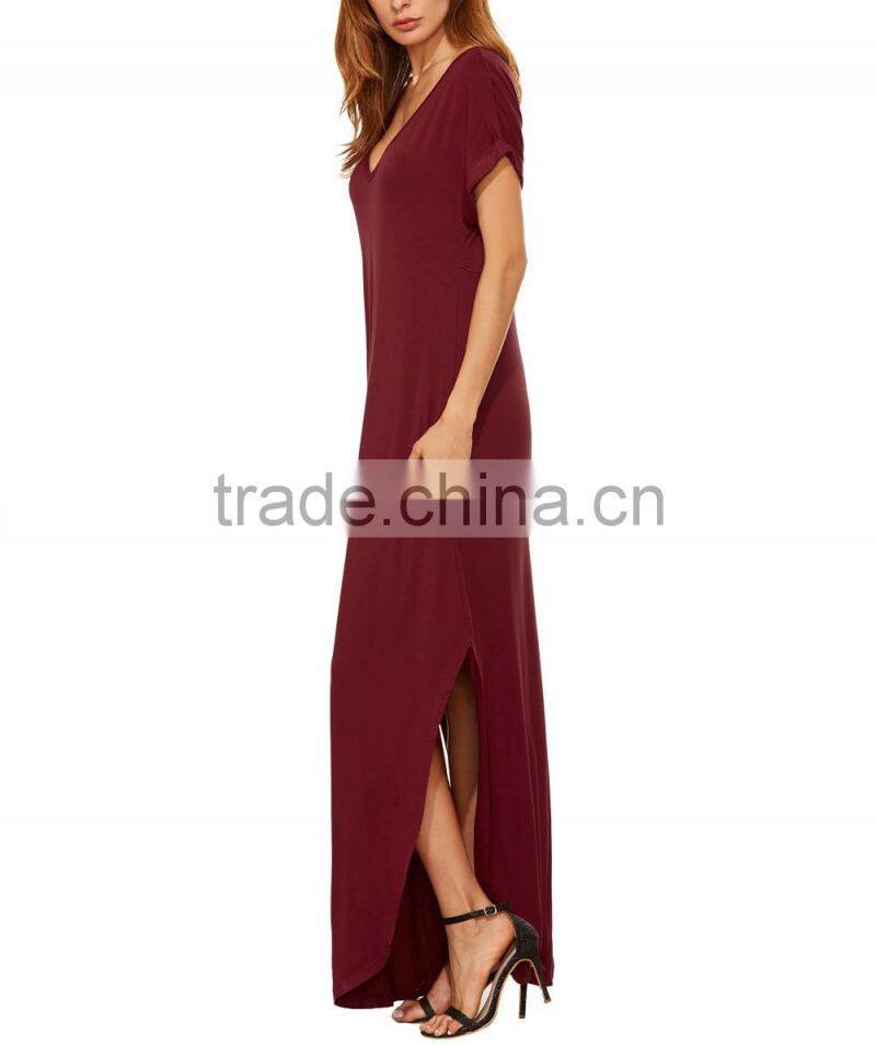 Guangzhou Clothing OEM Red Pocket Split Dress Pictures Of Latest Elegant Designs