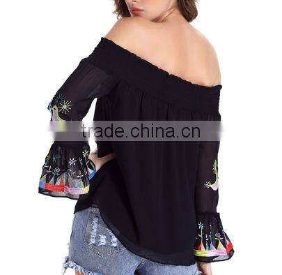 2016 New Fashion Slash Neck Shirts Women Long Sleeve Chiffon Blouses Strapless Embroidered Print Blusa Feminina