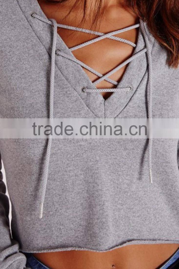 Wholesale cheap comfortable bulk plain slim fitness drawsting V neck crop top hoodies for women
