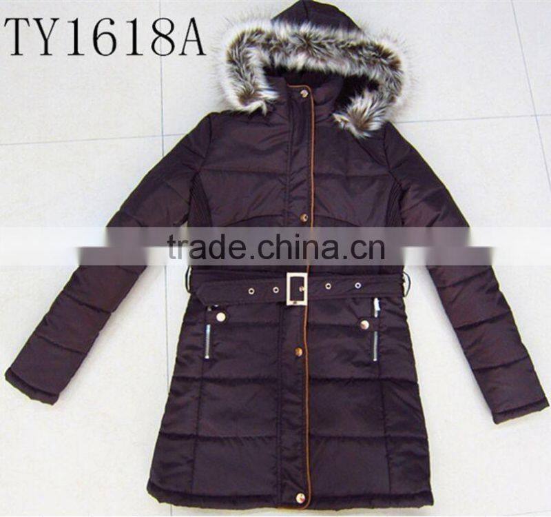 Lady long style coat winter jacket with fur hoody