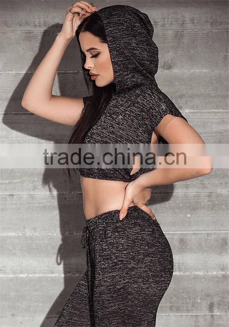 MGOO Custom Made Women Running Jersey Hoodie Black Marled Split Crop Tops Jumpers Fashion Sport Tops