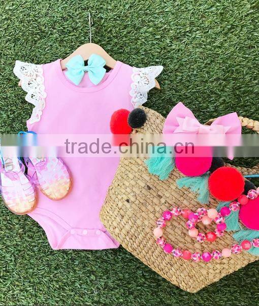 Boutique Flutter Sleeve Blue Girls Solid Color Cotton Jumpsuit Ruffle Baby Romper