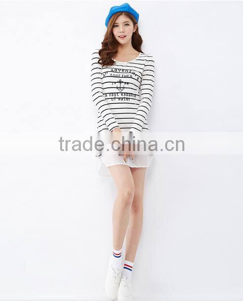 For women this white collar and body text printed chiffon stitching knitted stripes long-sleeved dress