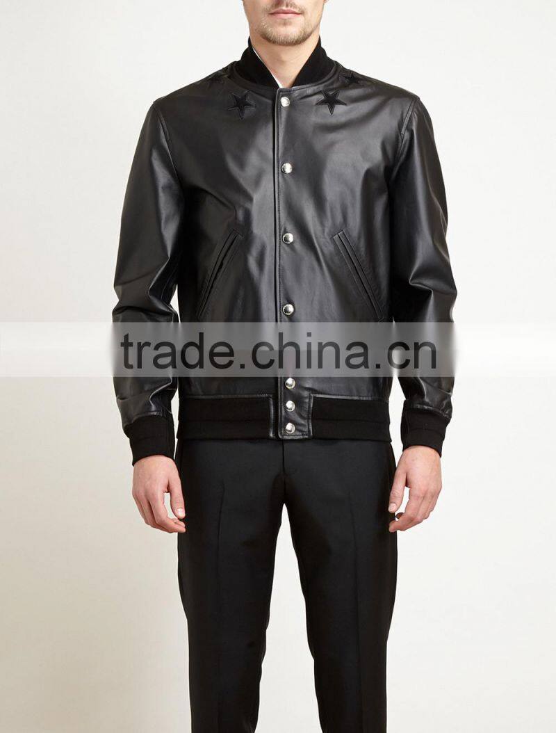 High Quality Men's PU Leather Ribbing Collar and Bottoms Warm Jacket