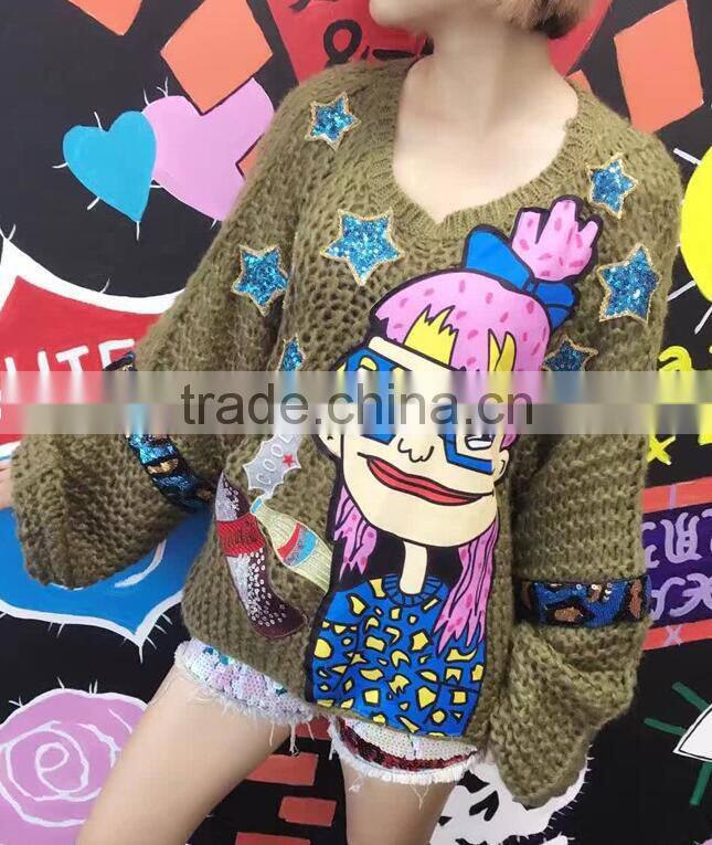 M1212 Runwaylover 2016 latest design fashion ladies sequin cartoon girl star pattern knitted sweater