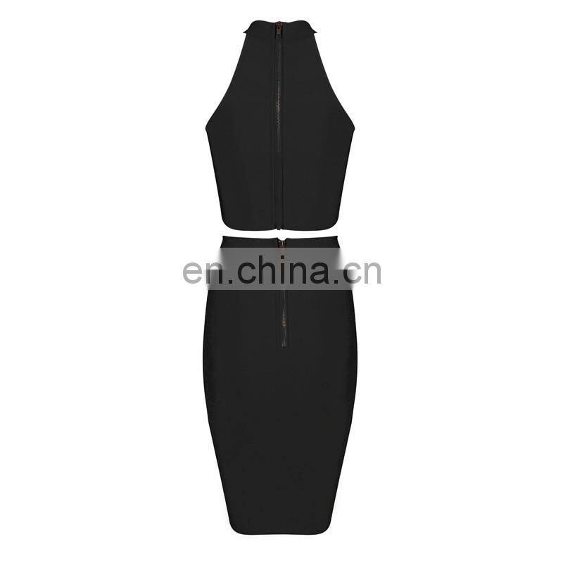 Amigo 2017 two pieces black bandage dress suit sexy evening dresses with halter crop top and midi irregular skirt for women