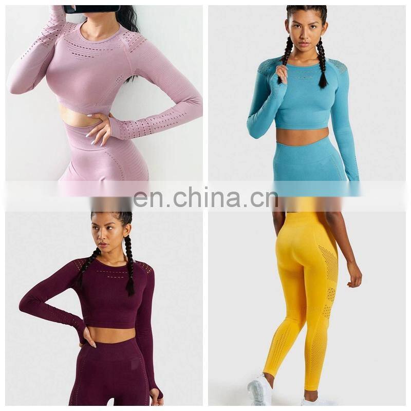 Long Sleeve Running Shirts & Full Length Gym Fitness Tights set womens seamless Crop Top Gym yoga set