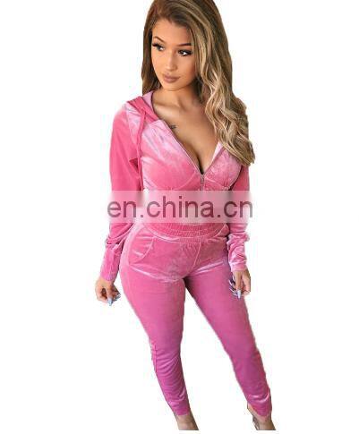 New Fashion Women Autumn Winter Casual Fleece Zipper Hooded Short Tops Long Sleeve Tops + Pants Suit pants set two piece set