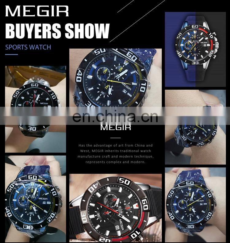 MEGIR 2121 Men Current Original Quartz Watches Silicone Strap Analog Calendar Stopwatch Man Sport Wrist Watch
