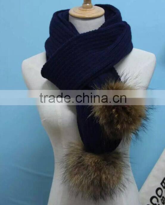 2016 Winter Newest Fashion 100% Real Raccon Fur Pompom Wool Knitted Women Crochet Scarf