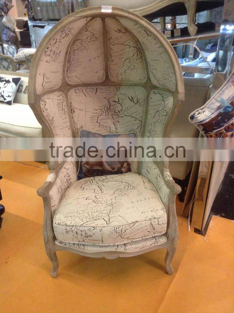 French Style Wooden Canopy Armchair Fabric Egg Chair With Padded