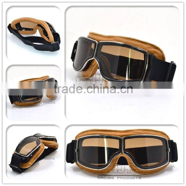 BJ-GT-011 Top Quality Adult Yellow Leather Protective Glasses Helmet Motorcycle Goggles
