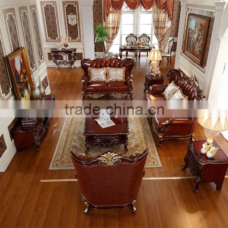 Luxury Classical French Italian European Antique Style Carved Rubber Solid Wood Frame Artistic Red Brown Leather Sofa Set