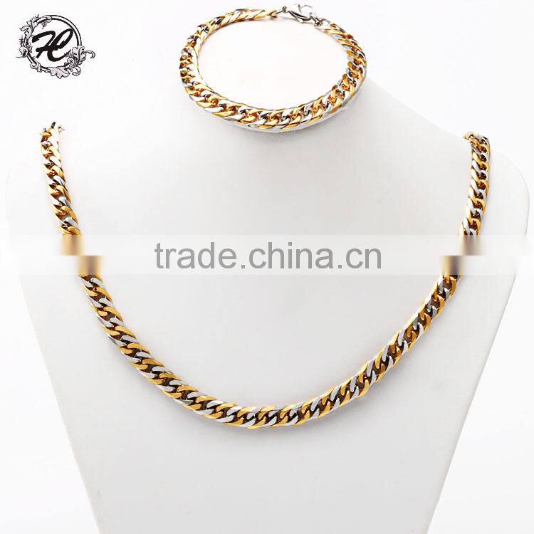 Wholesale Diamond cutting stainless steel 18k gold plated curb chain dubai gold jewelry set