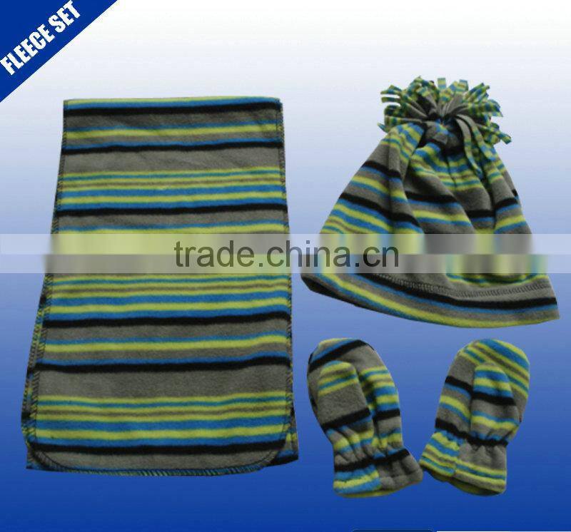 Popular green stripe design printed winter fleece scarf hat gloves for children