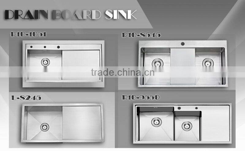 High reputation stainless steel handmade kitchen sink with drain board R10-8545