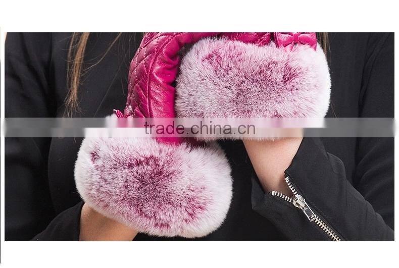 Rex Rabbit Fur Wrist Trim Genuine Sheep Leather Gloves Dimond Lattice Design