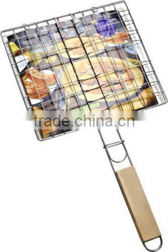Wood Handle Rectangle BBQ Grill Grates Wire Mesh 32x19cm