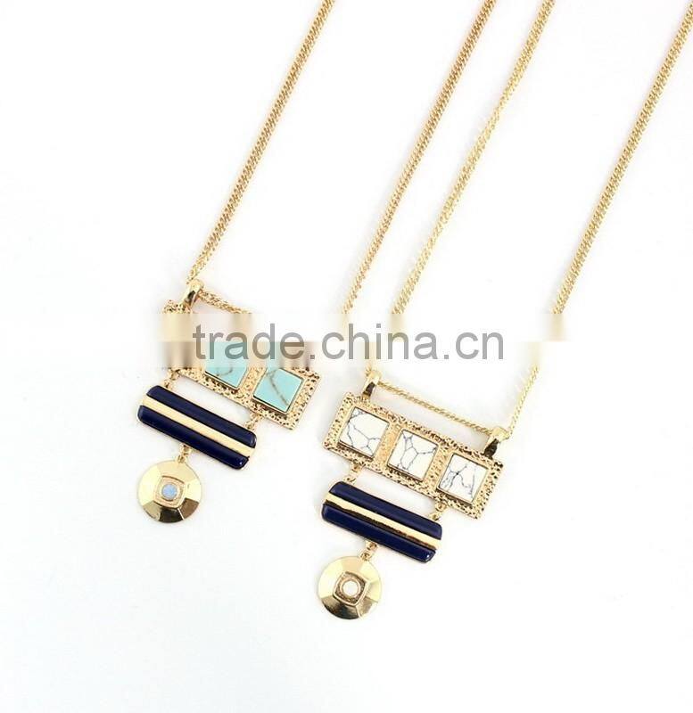 Exaggerated Necklace Jewelry 3 Square Linked Turquoise Handset Arts 2 Color Stone Pendant Necklaces