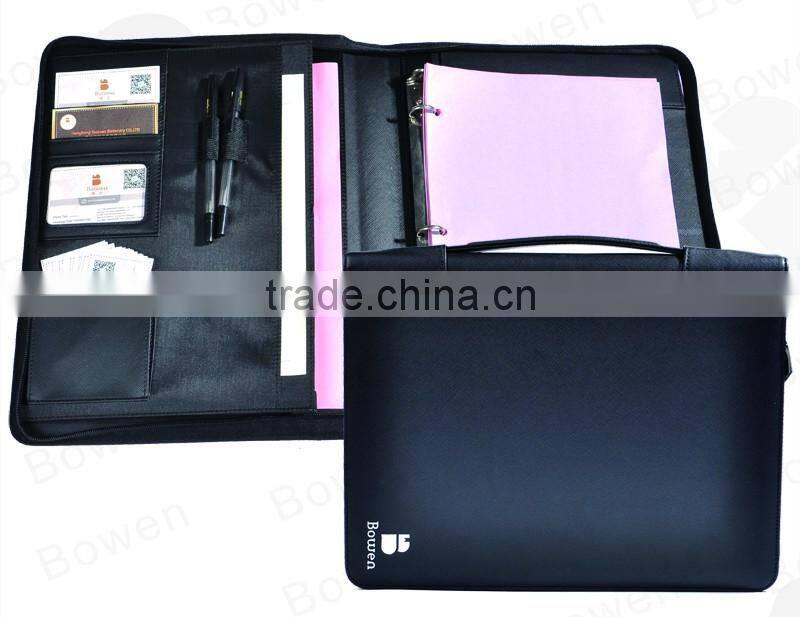 high quality vintage PU leather portfolio with tote / 3 metal ring binder folder
