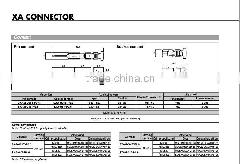 2.5mm pitch wire to wire connector XA series JST crimp terminal connector SXA-001T-P0.6