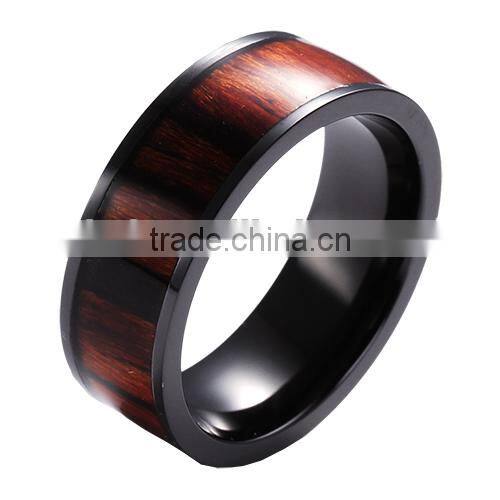 Unique black zirconium ring with wood inlaid