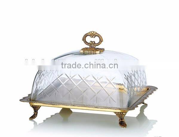 Antique Brass Round Cupcake Tray With Crackle Glass Cover, Ornamental Bronze Casting Dessert Tray holder For Tableware