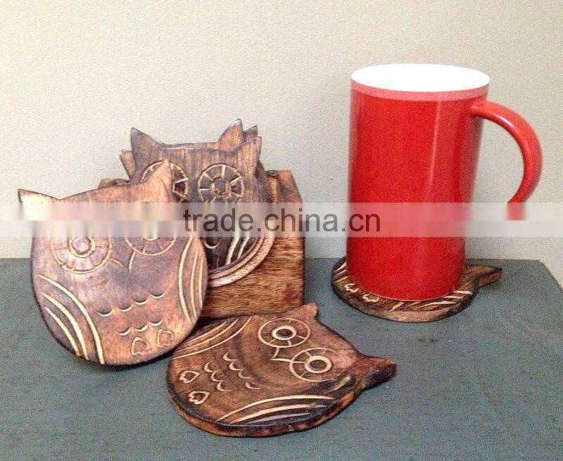 High Quality Wooden Owl Shape Coaster Set with Holder Wooden Travit Set Custom Animal Shape Plant Shape Coaster CNC Cup Mat