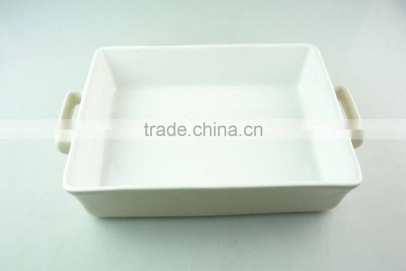 Stocklot rectangular shape white ceramic bakeware with handles