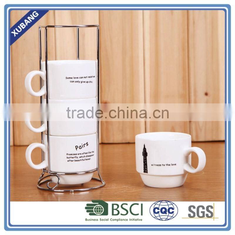 2016 New design Ceramic coffee cups set of 4pcs with metal rack for sale