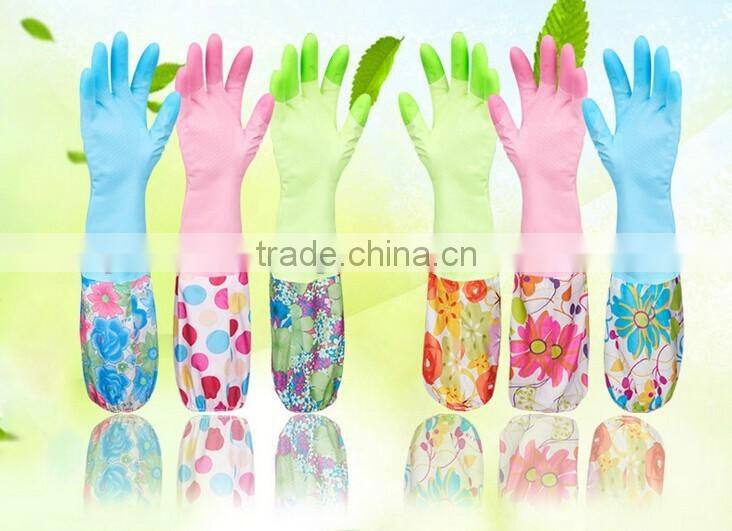PVC household gloves/PVC waterproof gloves with cuff and fleece for washing the dishes and clothes