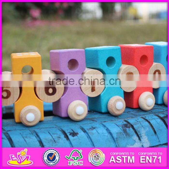 2016 new design educational number and blocks wooden pull toy car W05C079