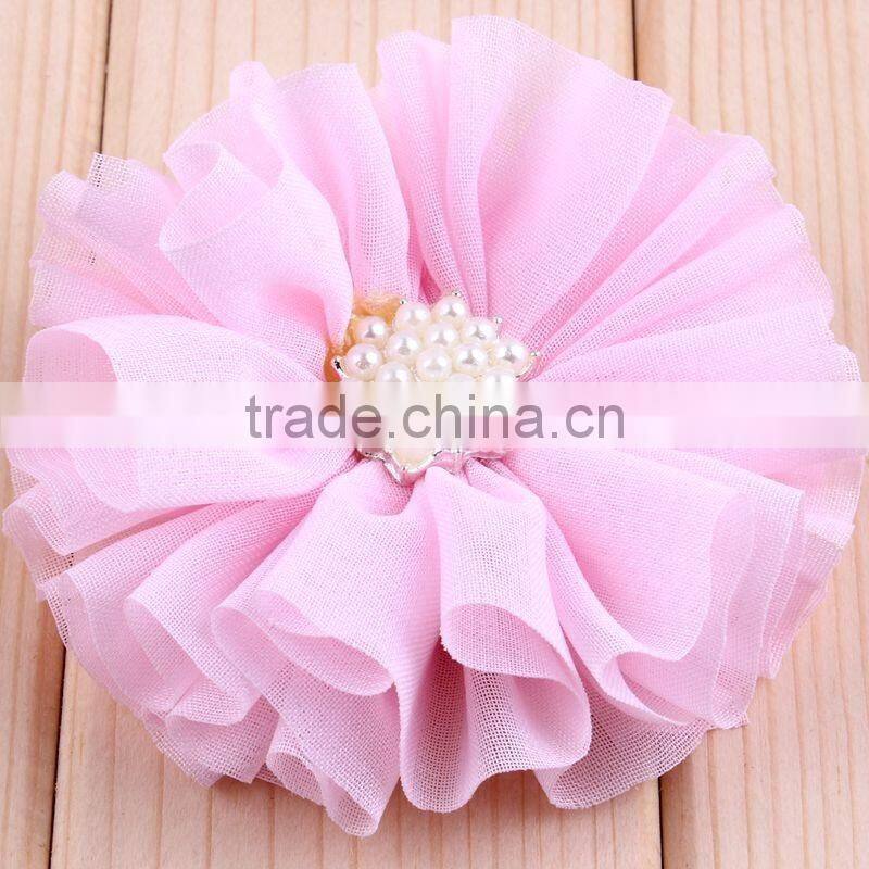 hot cutting chiffon flower with pearl bead center for kids hair accessories