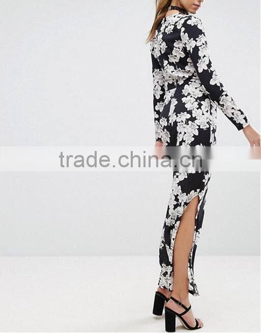 Spring New Women Black Floral Print Chiffon Dress Long Sleeved Long Maxi Dress