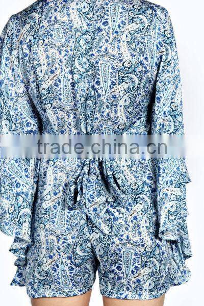 2015 sexy womens deep V neck plus size open front African Print Kimono Sleeve loose Playsuit