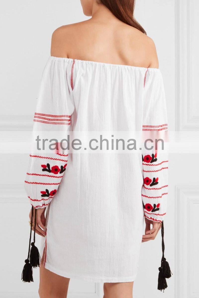 Latest Boho Clothing Mexican Off-The-Shoulder Embroidered Cotton Mini Dress Design For Ladies Machine Embroidery HSD5855